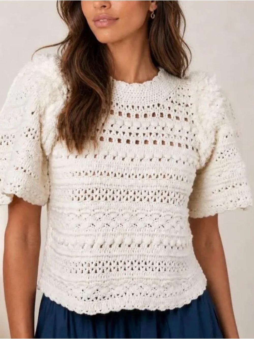 Sea Darcy Cream Crochet Knit Puff Sleeve Top
